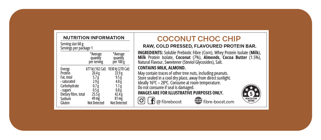 Fibre Boost Cold Pressed Coconut Choc Chip flavoured Protein Bar