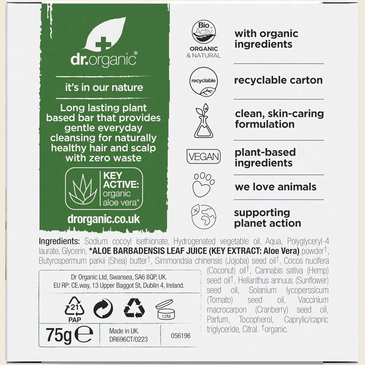 Dr. Organic Shampoo & Conditioner Bar Aloe Vera & Shea All Hair 75g