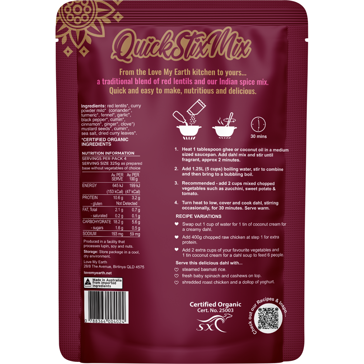 Quick Stix Mix Organic Dahl Indian Masala