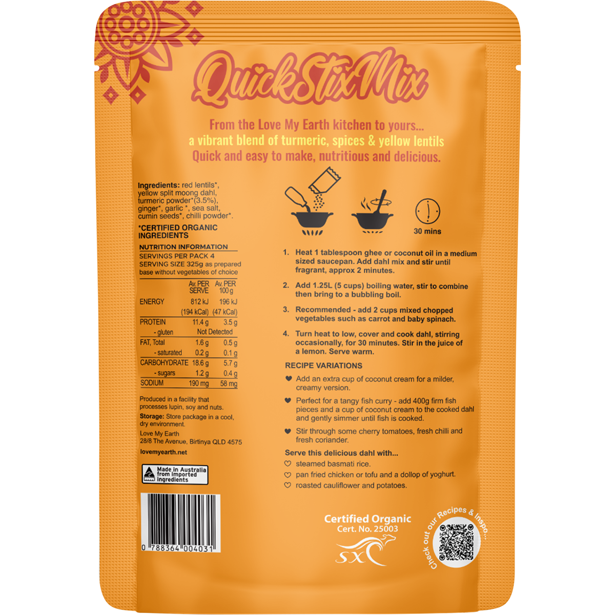 Quick Stix Mix Organic Dahl Zesty Turmeric