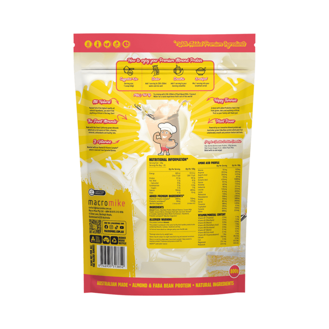 Macro Mike Premium Almond Protein Vanilla Buttercream snack bar with creamy vanilla texture and nutty almond pieces.