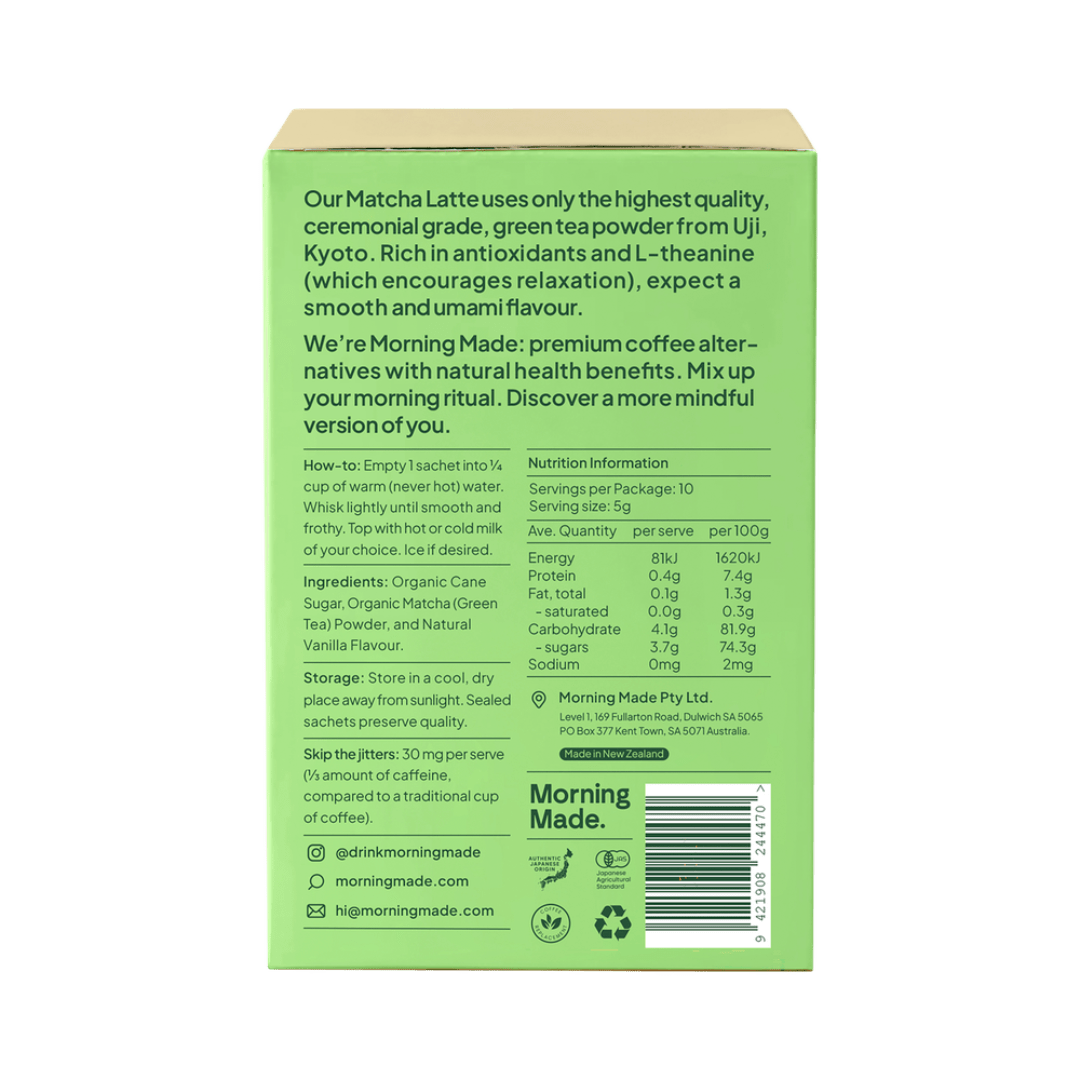 Green box of Morning Made matcha latte with text and nutrition information on a green background