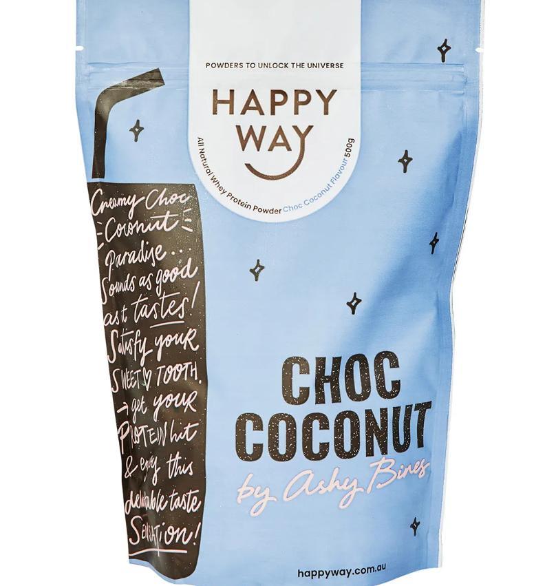 Happy Way Ashy Bines Whey Protein Powder Choc Coconut 500g