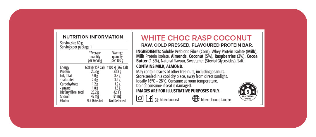 Fibre Boost Cold Pressed White Choc Raspberry Coconut flavoured Protein Bar