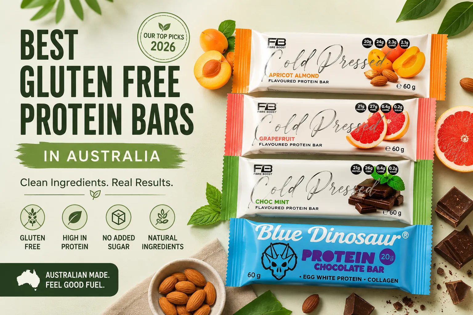 Best gluten free protein bars in Australia featuring Fibre Boost Salted Caramel, Coconut Choc Chip, Banana Split and Blue Dinosaur Chocolate Protein Bars
