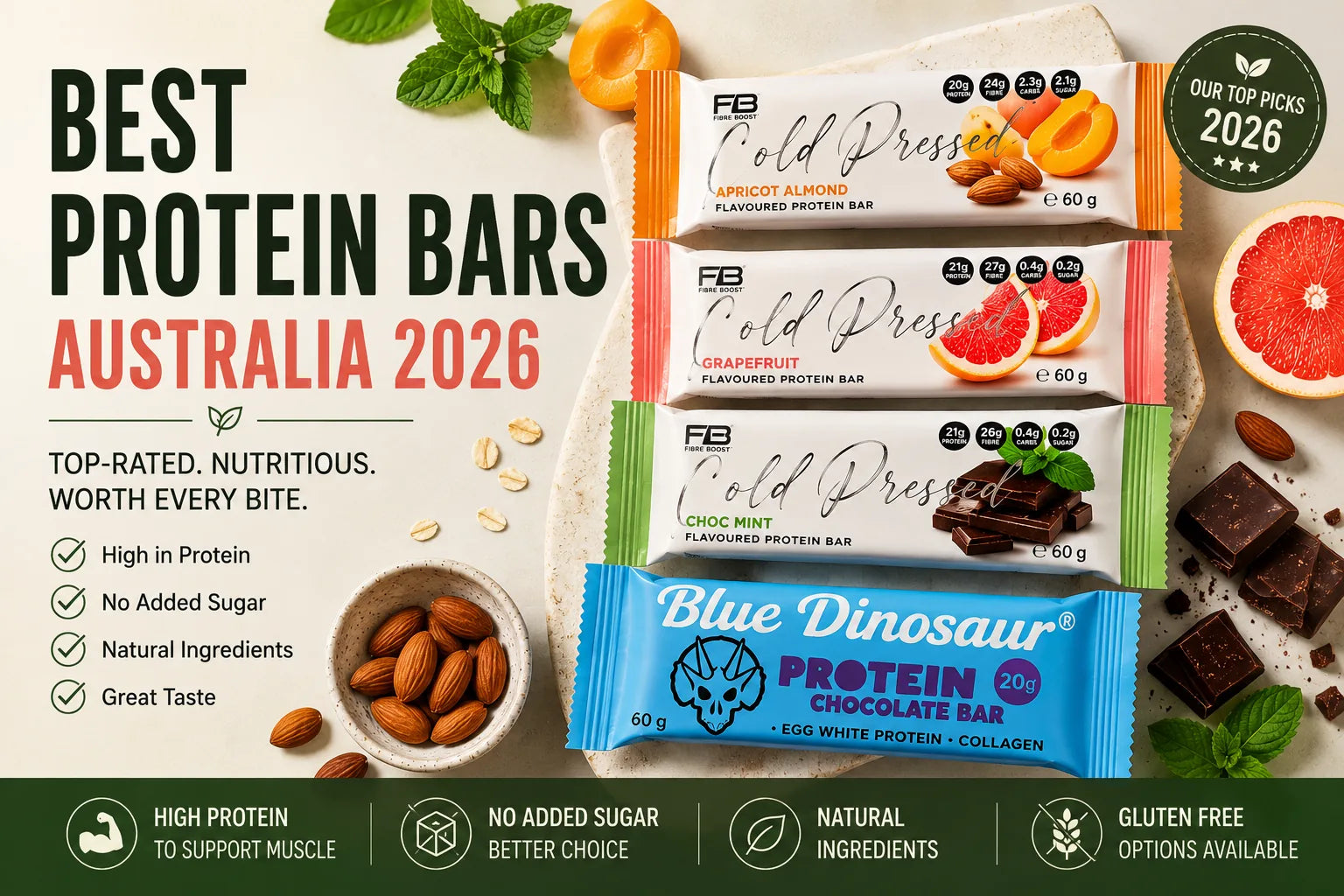 Best protein bars in Australia 2026 featuring Fibre Boost Peanut Choc Caramel, Choc Hazelnut, Cookies and Cream, and Blue Dinosaur Chocolate Protein Bars