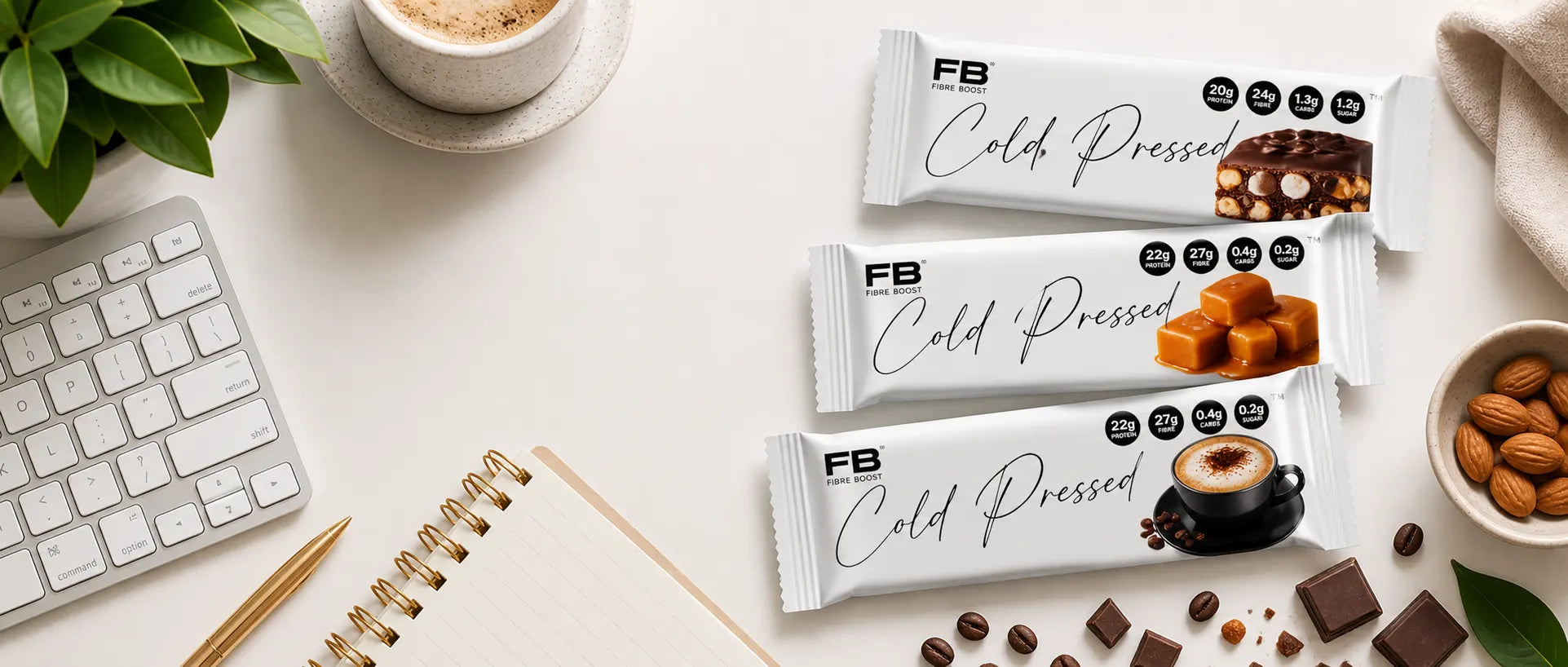 Fibre Boost Cold Pressed Protein Bars on table