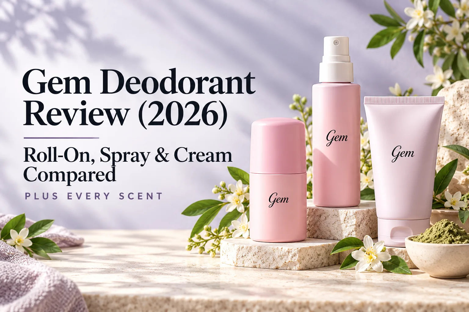 Gem deodorant review cover showing roll-on, spray and cream formats with botanical styling