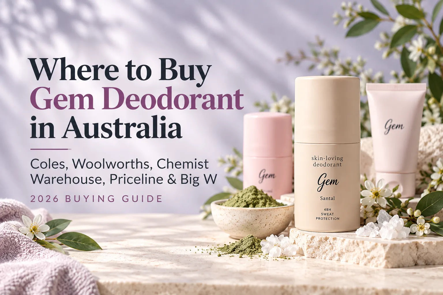 Where to buy Gem deodorant in Australia cover featuring Gem Santal deodorant and botanical styling