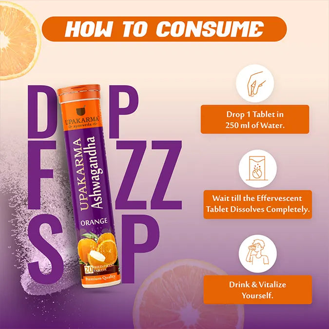 Upakarma Ashwagandha Effervescent in refreshing orange flavour