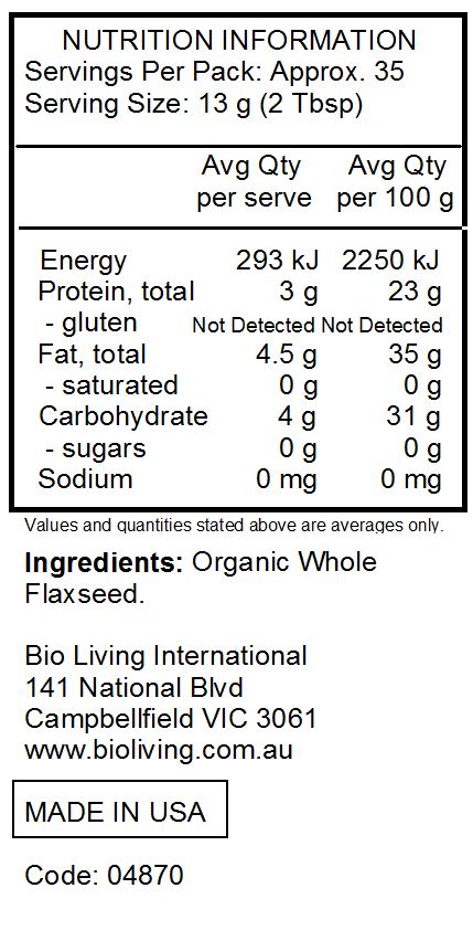 Nutrition Information for Organic Gluten Free Flaxseed Meal 453g