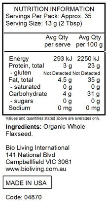 Nutrition Information for Organic Gluten Free Flaxseed Meal 453g