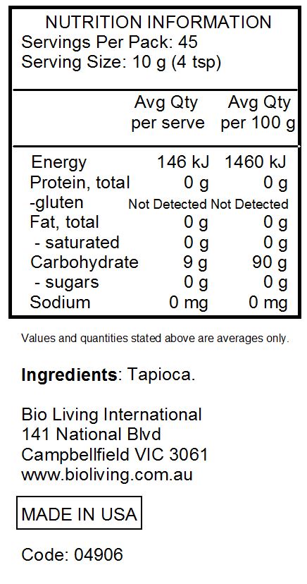 Nutrition Information for Whole Tapioca Flour Pouch 454g