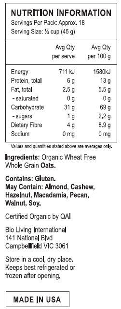 Nutrition Information for Organic Quick Cooking Rolled Oats Pure Wheat Free 794g