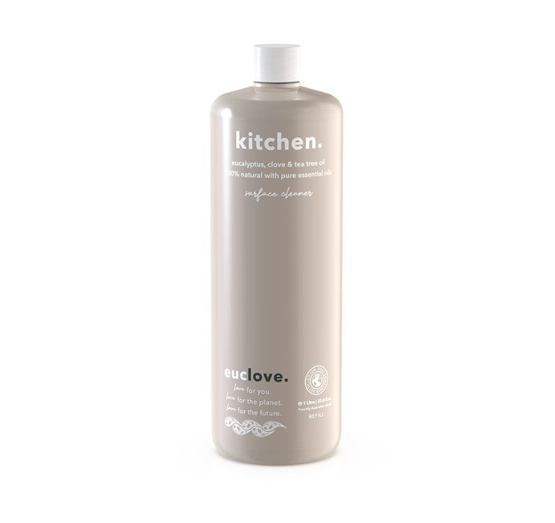 Euclove cleaner bottle on a wooden kitchen surface