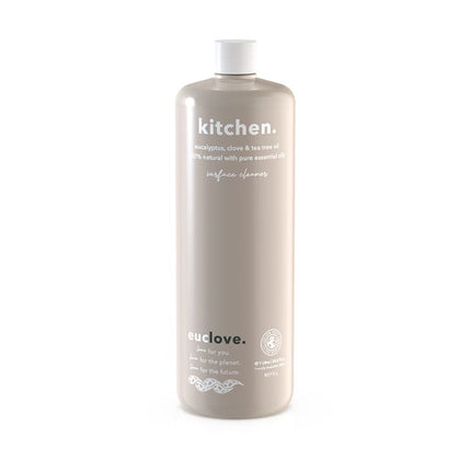 Euclove cleaner bottle on a wooden kitchen surface