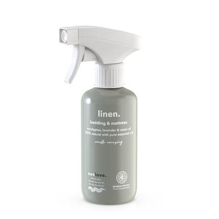 Euclove linen spray in a clear bottle
