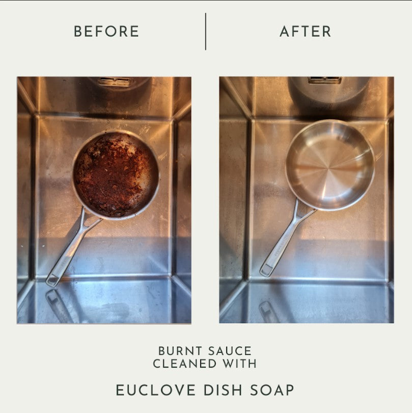 Euclove dish soap bottle with natural ingredients before vs after