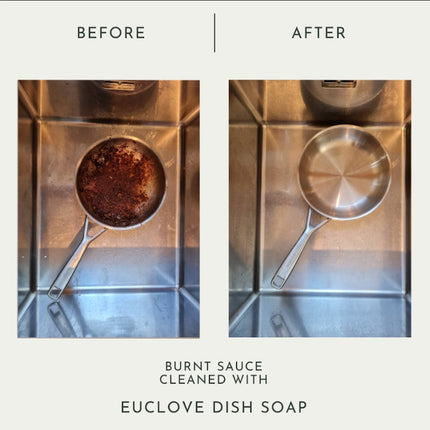 Euclove dish soap bottle with natural ingredients before vs after