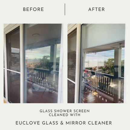 Euclove glass cleaner bottle with natural ingredients before vs after