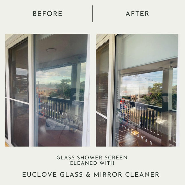 Euclove glass cleaner bottle with natural ingredients before vs after