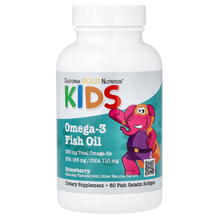 California Gold Nutrition Kid's Omega-3 Fish Oil Natural Strawberry softgels bottle, front label