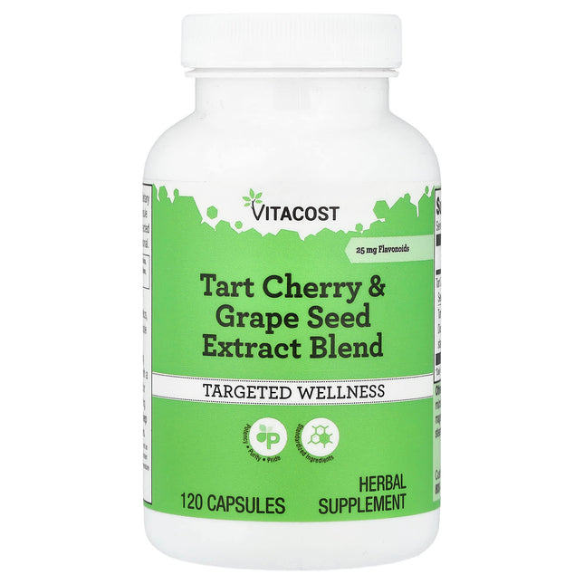 Vitacost Tart Cherry and Grape Seed Extract Blend capsule bottle, standardised to 5% flavonoids, 120 capsules