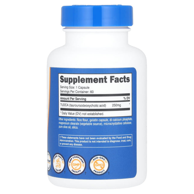 Supplement Facts panel for Nutricost TUDCA 250mg, 60 capsule pack showing third-party tested badges