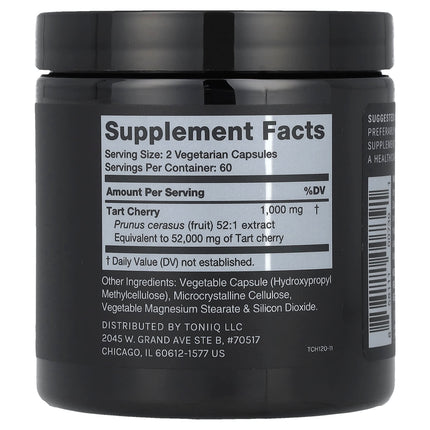Supplement facts panel for Toniiq Tart Cherry showing 1000mg 52:1 extract equivalent to 52,000mg tart cherry