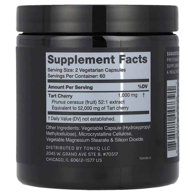 Supplement facts panel for Toniiq Tart Cherry showing 1000mg 52:1 extract equivalent to 52,000mg tart cherry