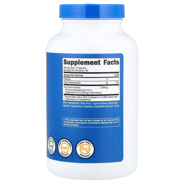 Supplement facts panel for Nutricost Tart Cherry showing 1200mg 10:1 extract equivalent to 12,000mg tart cherry