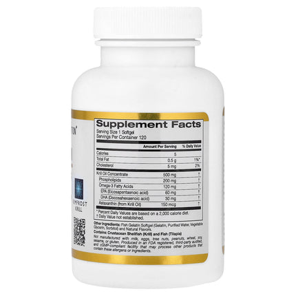 California Gold Nutrition Antarctic Krill Oil bottle shown at an angle, 500mg omega-3 EPA DHA astaxanthin capsules