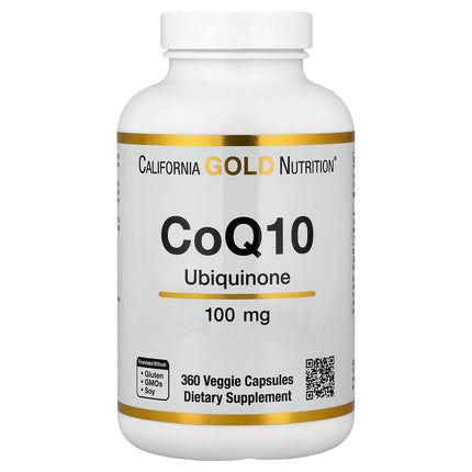 California Gold Nutrition CoQ10 USP Grade Ubiquinone 100mg, 360 veggie capsules bottle front label