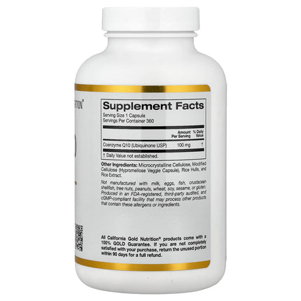 Supplement facts panel for California Gold Nutrition CoQ10 USP Grade Ubiquinone 100mg