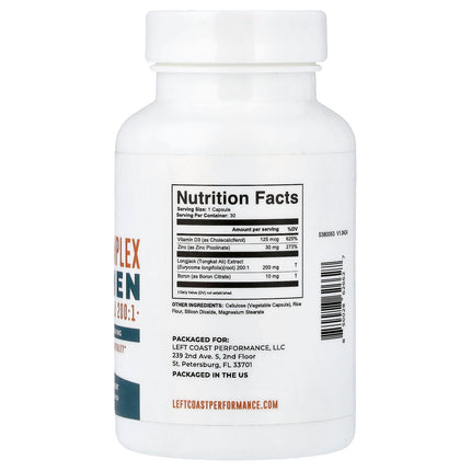 Left Coast Performance Boron Complex supplement facts panel, 30 capsule bottle, showing Tongkat Ali 200:1, zinc and vitamin D3