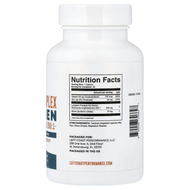 Left Coast Performance Boron Complex supplement facts panel, 30 capsule bottle, showing Tongkat Ali 200:1, zinc and vitamin D3