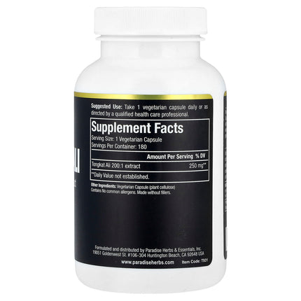 Paradise Herbs Tongkat Ali supplement facts panel, 180 capsule bottle, showing 250mg 200:1 extract