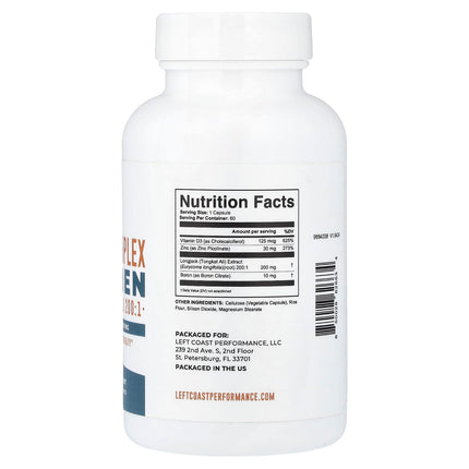 Left Coast Performance Boron Complex supplement facts panel, 60 capsule bottle, showing Tongkat Ali 200:1, zinc and vitamin D3