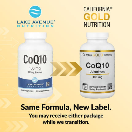 California Gold Nutrition CoQ10 USP Grade 360 veggie capsules bottle shown at an angle