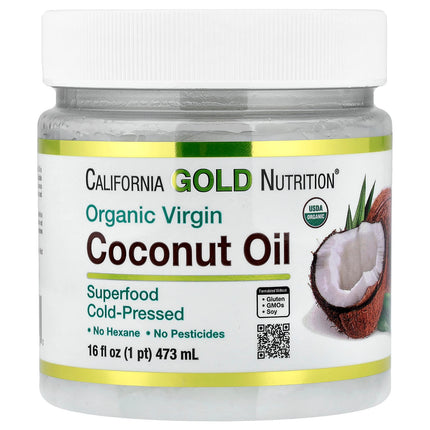 California Gold Nutrition Superfoods Cold Pressed Organic Virgin Coconut Oil jar, front label