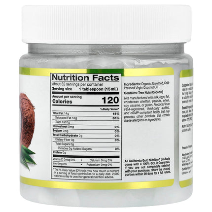 Nutrition facts panel for California Gold Nutrition Superfoods Organic Virgin Coconut Oil