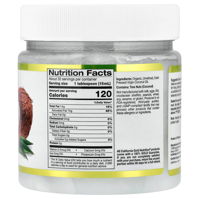 California Gold Nutrition Superfoods Cold Pressed Organic Virgin Coconut Oil jar