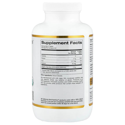 Supplement facts panel for California Gold Nutrition Organic Spirulina 500mg tablets