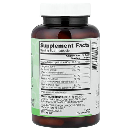 Vitacost Synergy supplement facts panel showing Tongkat Ali, L-arginine, L-citrulline, oat straw and Tribulus per capsule
