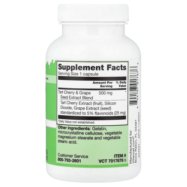 Supplement facts panel for Vitacost Tart Cherry and Grape Seed Extract showing 500mg blend standardised to 5% flavonoids