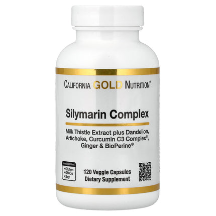 California Gold Nutrition Silymarin Complex milk thistle veggie capsules bottle, front label