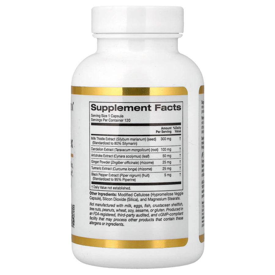 California Gold Nutrition Silymarin Complex Milk Thistle Dandelion Artichoke Curcumin BioPerine veggie capsules bottle