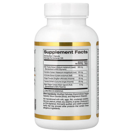 Supplement facts panel for California Gold Nutrition Silymarin Complex, milk thistle dandelion artichoke curcumin