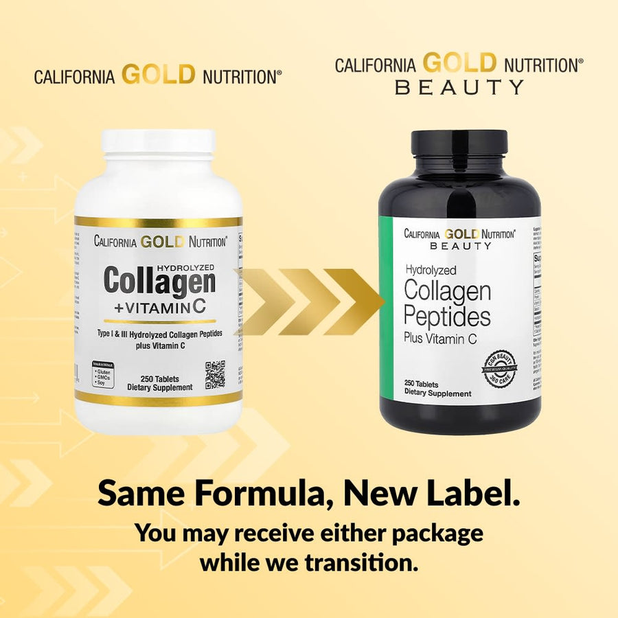 California Gold Nutrition Hydrolysed Collagen Peptides Type I III Vitamin C 250 tablets bottle