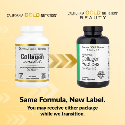 California Gold Nutrition Hydrolysed Collagen Peptides Type I III Vitamin C 250 tablets bottle